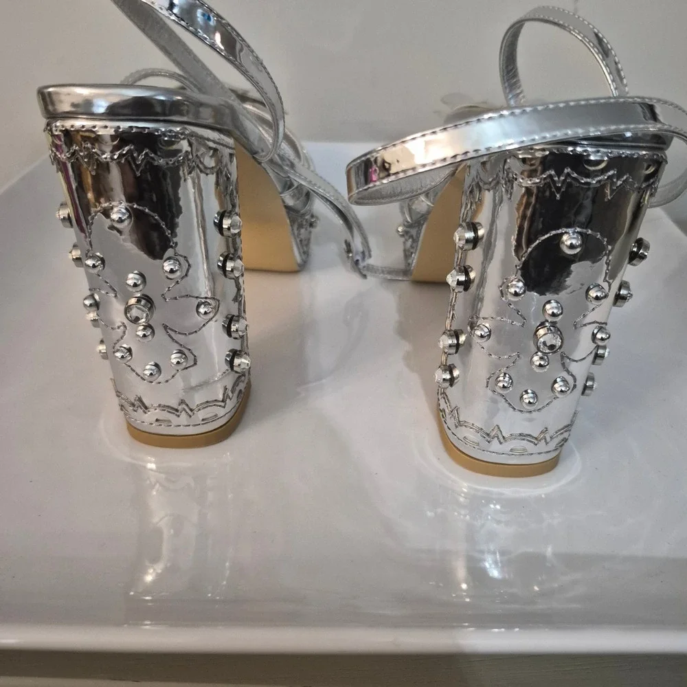 Silver Metallic Floral Platform Sandals Studded Block Heel Ankle Strap Dressy